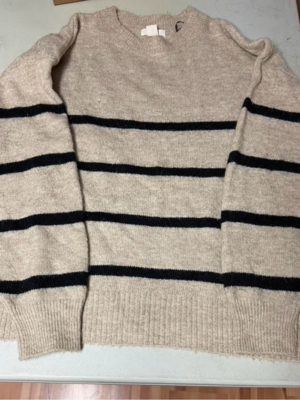 H&M Beige Crewneck Sweater with Black Stripes